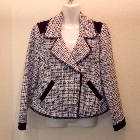 Chico's Moto Tweed Trim Detail Navy Jacket - Picture 2 of 15